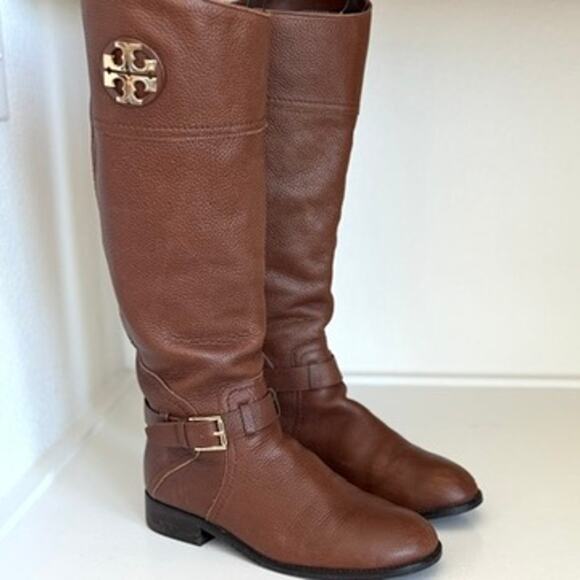 TORY BURCH Riding Boots Brown Leather Zip Knee High Logo Buckle Women 7M - Picture 7 of 13
